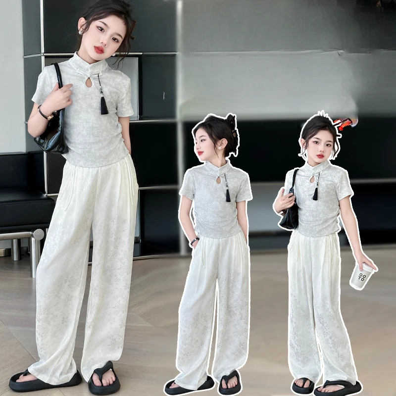 

Girls Suits New Chinese Suit Summer Fashion Children Buckle National Style Short-sleeved Wide-leg Pants Girls Two-piece Set