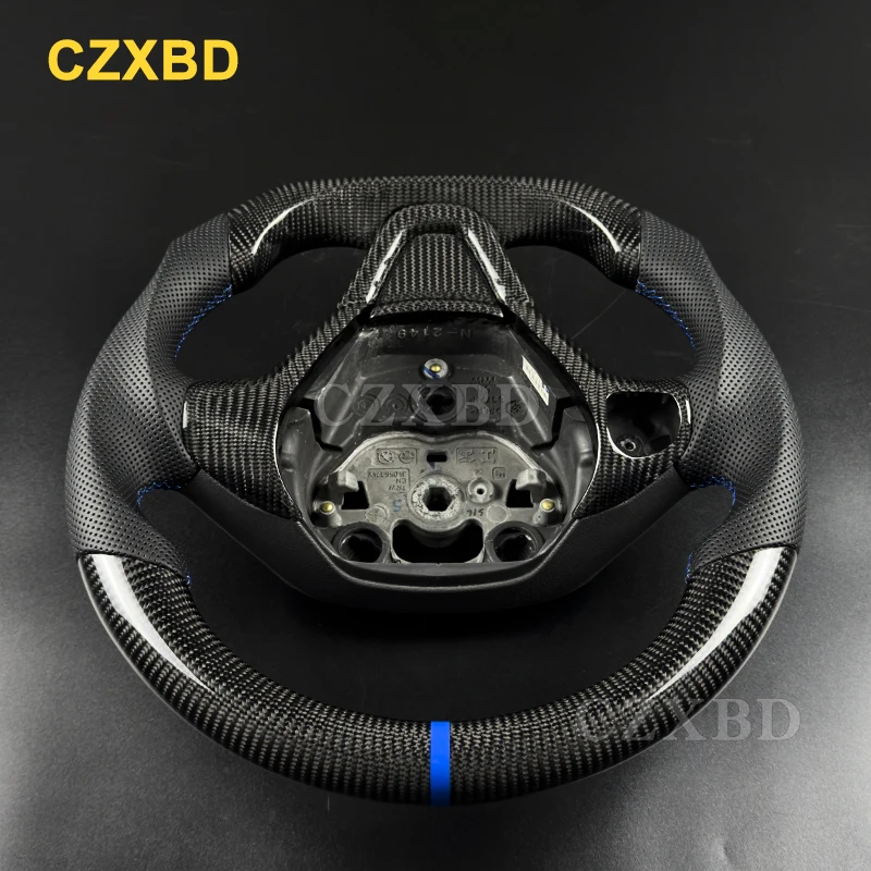 Blue Marker Steering Wheel For Ford Fiesta MK7 Real Glossy Black Carbon Fiber Sport Wheel High Quality Leather Customized