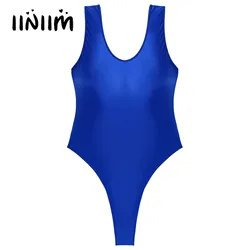 Womens High Cut Slim Fit Bodysuit Swimsuit Glossy Stretchy Swimming Suit One-Piece Swimwear Round Neck Sleeveless Swimming Suit