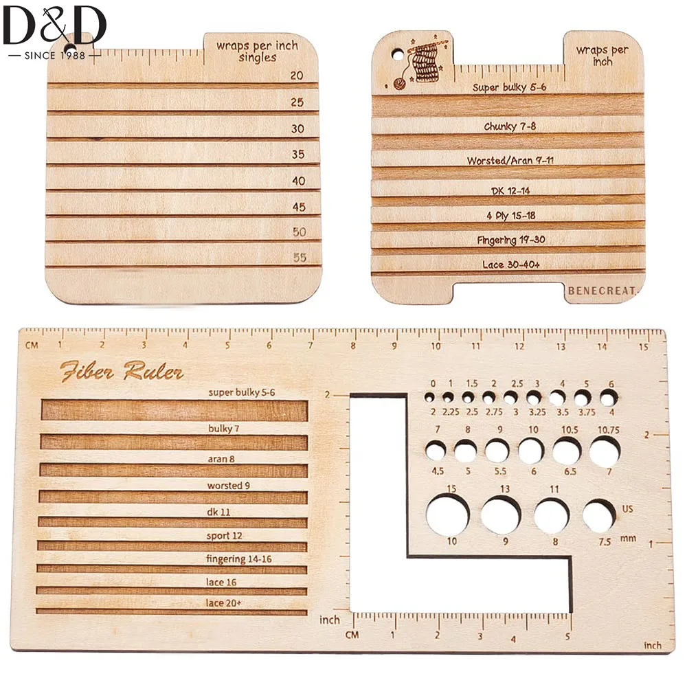 D&D 3style Wood Knitting Needle Gauge&Ruler Square Wood Spinning Control Card Knitting Tool for Spinners Yarn Measuring Tools