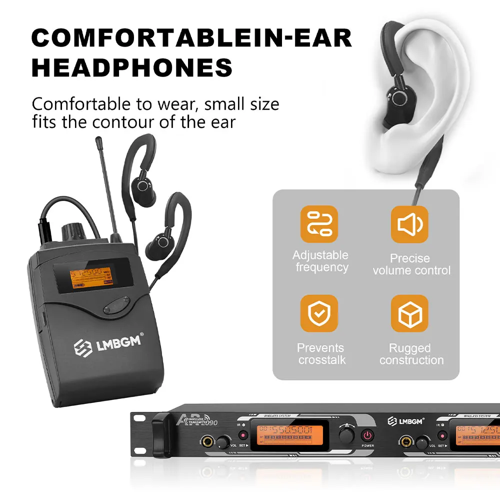 LMBGM AR2090 Pro UHF Professional Wireless In Ear Monitor System Mono Audio 164FT Range Dual Channel Metal Panel Stage Monitor Infrared Pairing 16CH Selectable Frequency for Band Studio Live Performance Church Karaoke DJ Stage Shows (2 Beltpack Receivers) view 3