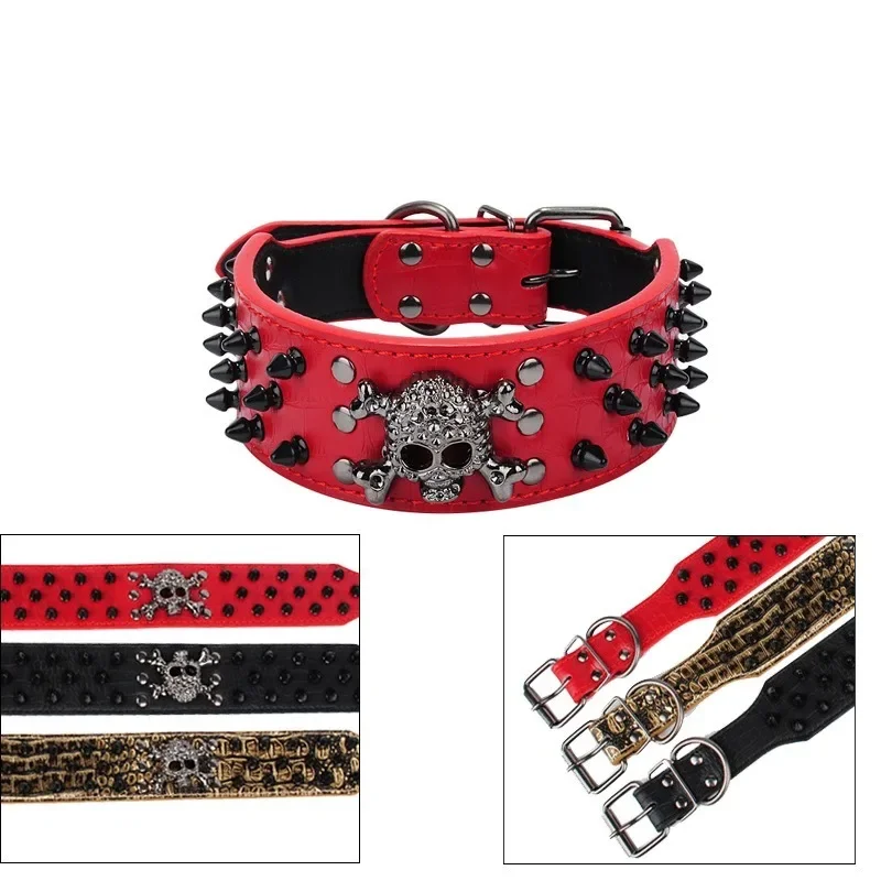 Halloween Black Skull Rivet Pet Adjustable Collar Anti-Bite Dog Chain Medium and Large Pu Dog Harness Dog Accessories