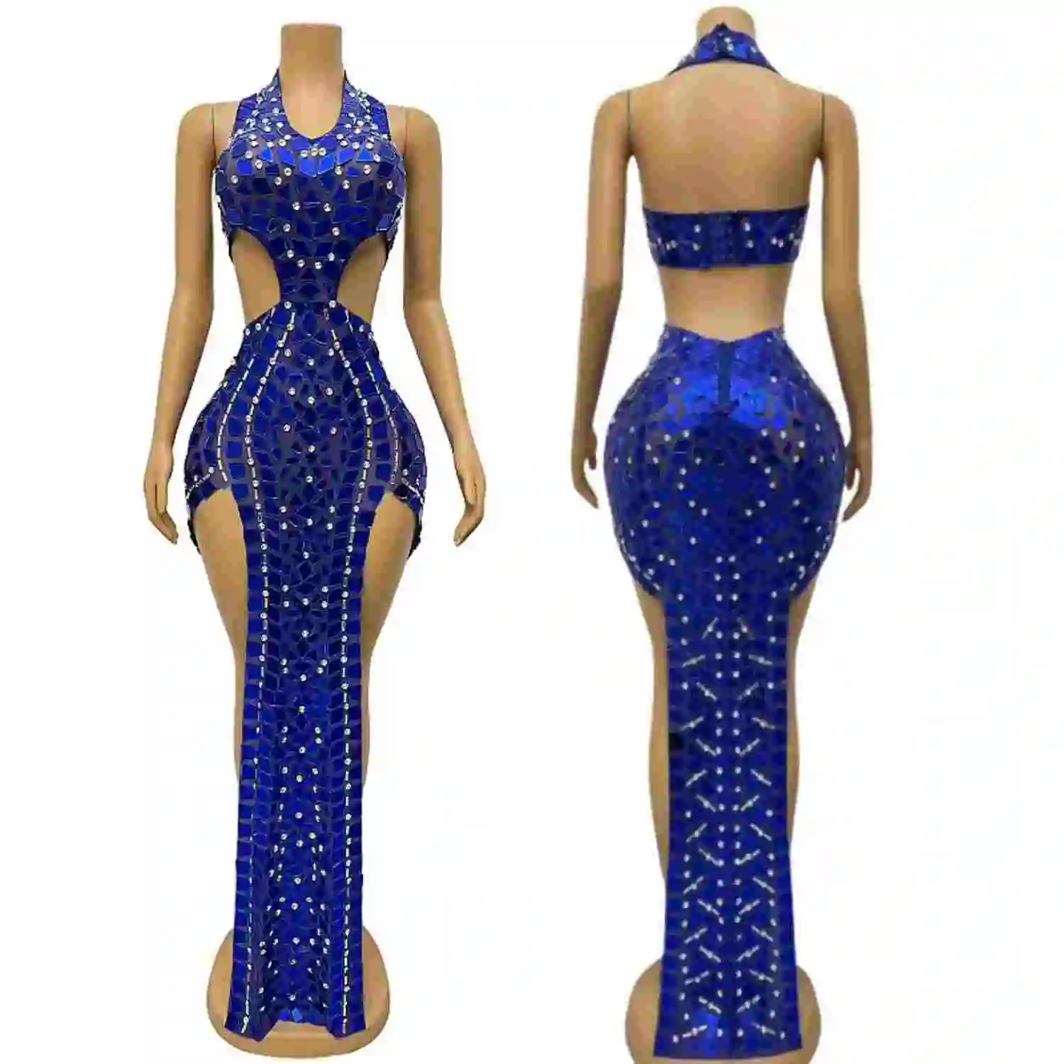 

High-end Blue Sequins Sparkly Rhinestone High Side Slits Long Dress Birthday Celebrate Party Women Outfit Stage Wear Banlangen