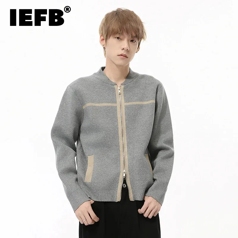 IEFB Korean Style Men's Sweaters Casual Striped Round Collar Zipper Contrast Color Knitted Top Loose Male Cardigan Simple 9C8307