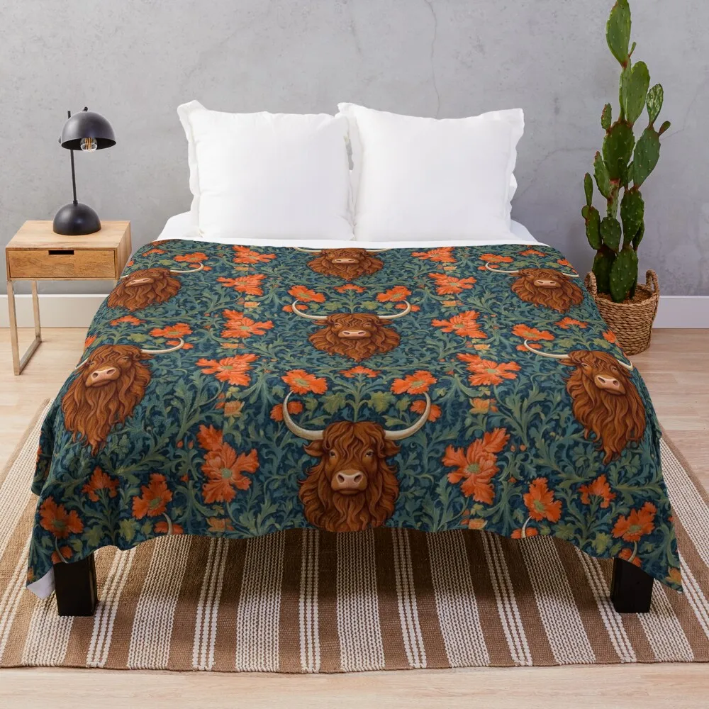 

William Morris Inspired Highland Cow Throw Blanket For Decorative Sofa Sofa Quilt Blankets