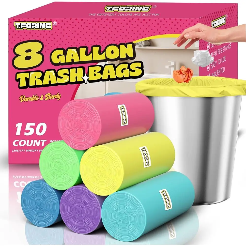 

150-Count Medium 8 Gallon Colored Trash Bags, 30L Thick Liners for Home Kitchen and Bathroom Wastebaskets