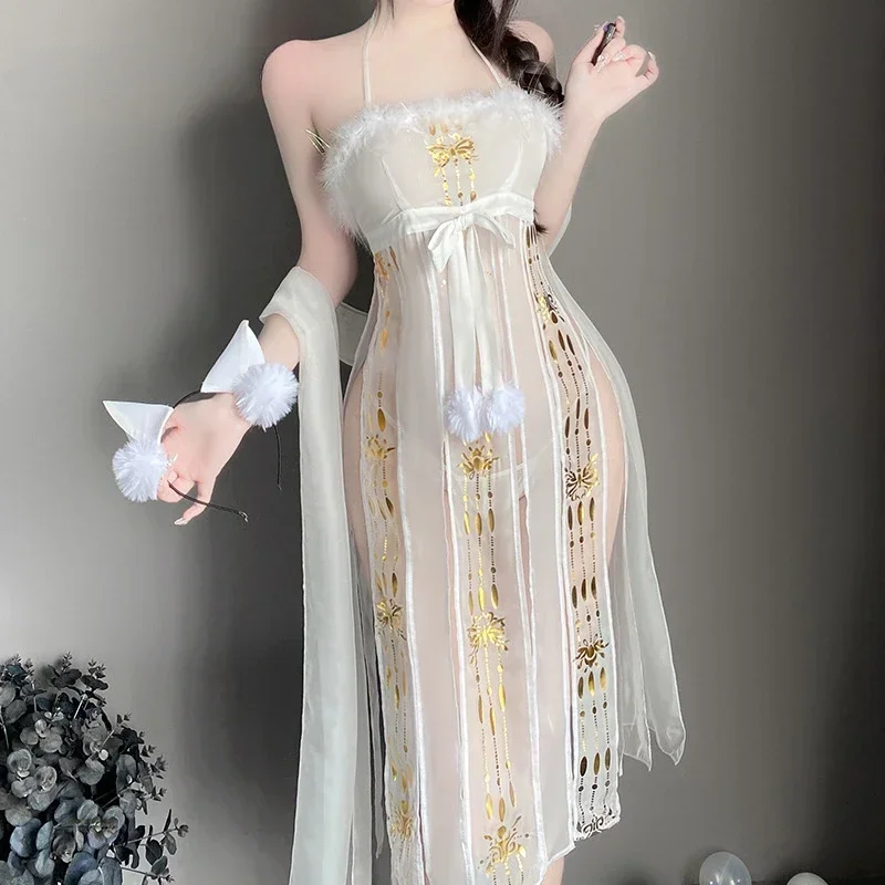 See Through Ancient Hanfu Sling Gauze Nightdress Cosplay Cheongsam Dress Uniform Erotic Temptation Costumes Women Sexy Lingerie