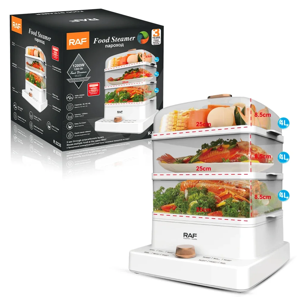 

Three Tier Food Steamer 12L Safe Lids Stackable Baskets Removable Base Fast Healthy Cooking