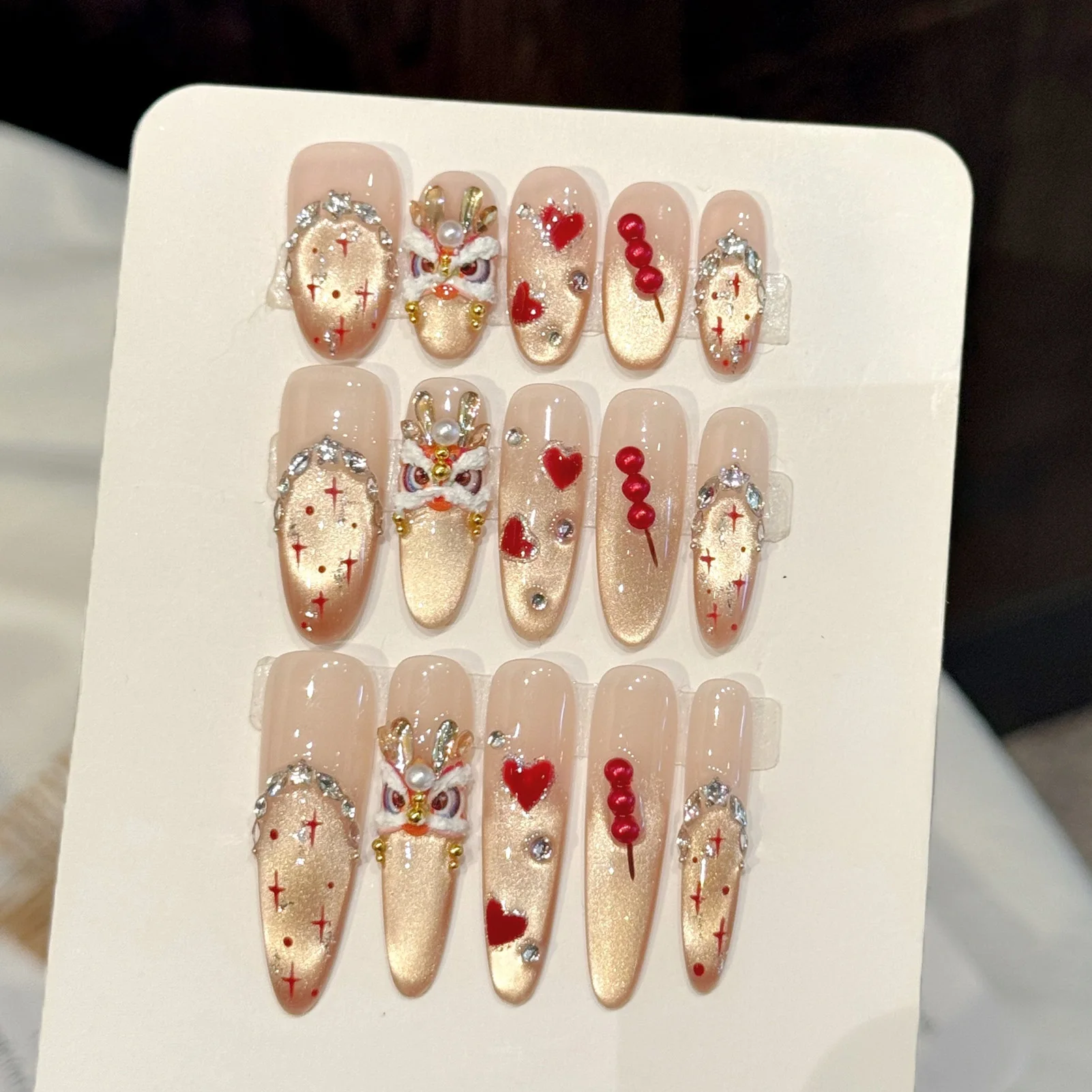 10 Uds. Uñas Postizas Doradas con Purpurina Efecto Ojo de Gato, Hechas a Mano para el Año Nuevo Chino, Uñas a Presión de Cobertura Completa, Parches de Uñas Falsas Usables