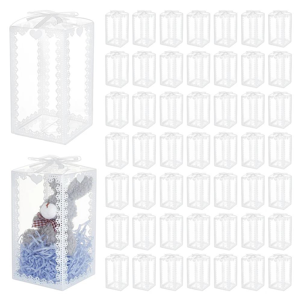 50Pcs 3x3x5.9inch Transparent PVC Favor Boxes Rectangle Bow Knot Pattern Clear Wedding Party Favour Boxes for Festival Gift