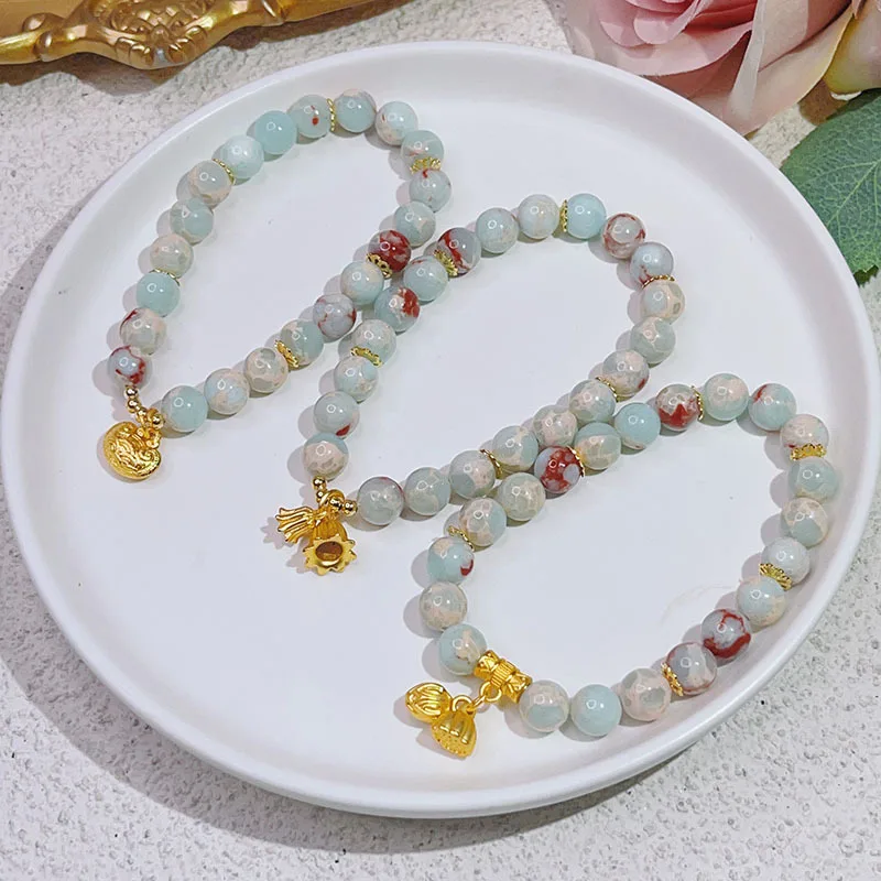 New Shoushan Stone Bracelet Women's Simple Retro Lily Longevity Lock Two World Lovers Pendant Bracelet Girlfriends Bracelet