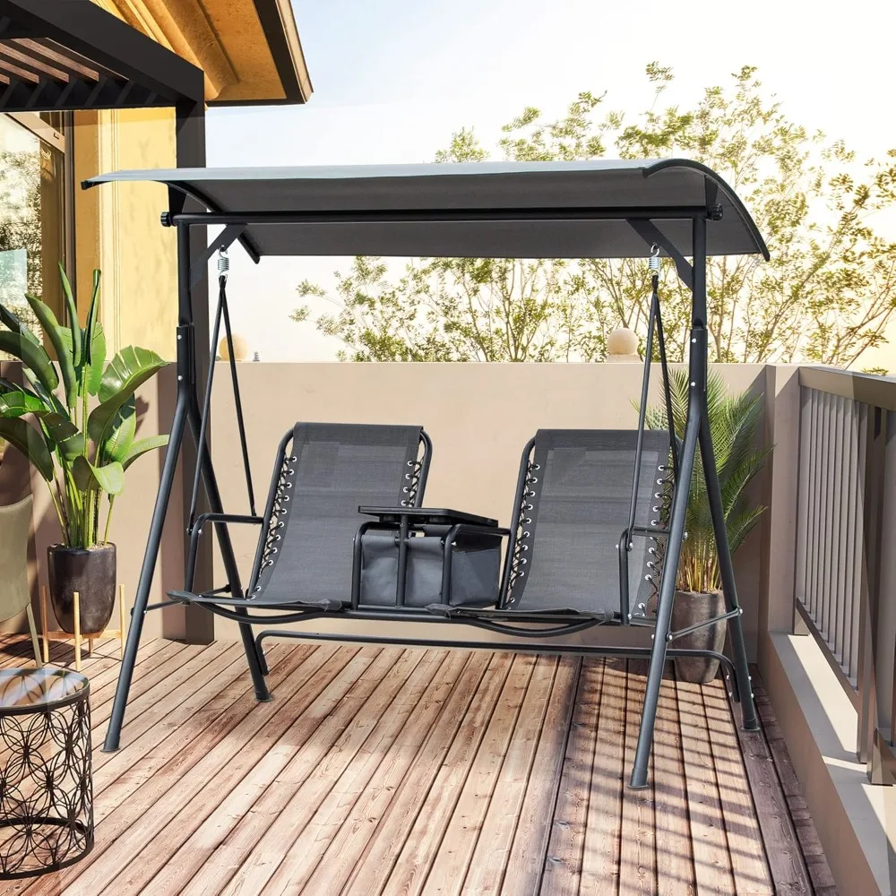 2-Seat Patio Swing Chair, Outdoor Canopy Swing Glider with Pivot Storage Table, Cup Holder, Adjustable Shade