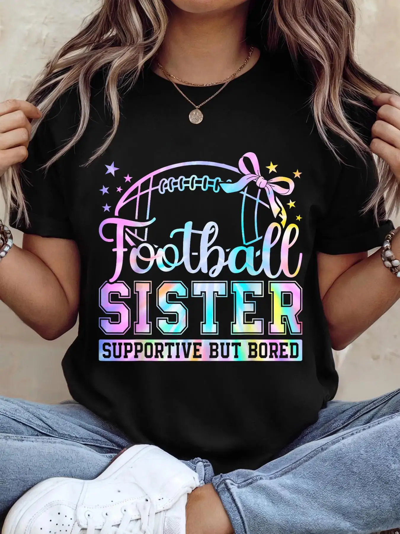Supportive But Bored Football Sister Gift Tee Funny Soccer Mom T Shirt Casual Round Neck Applique Lettering Top Medium Stretch