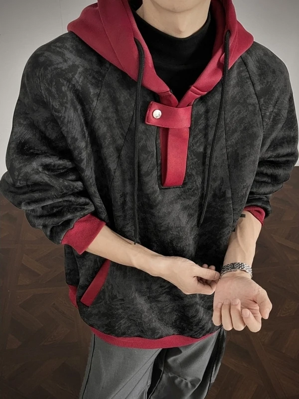 

Худи оверсайз 300 Pou в американском стиле, окрашенное, весенне-осеннее, с цветовыми блоками, деконструированное, хлопковое, с длинными рукавами, молодежное