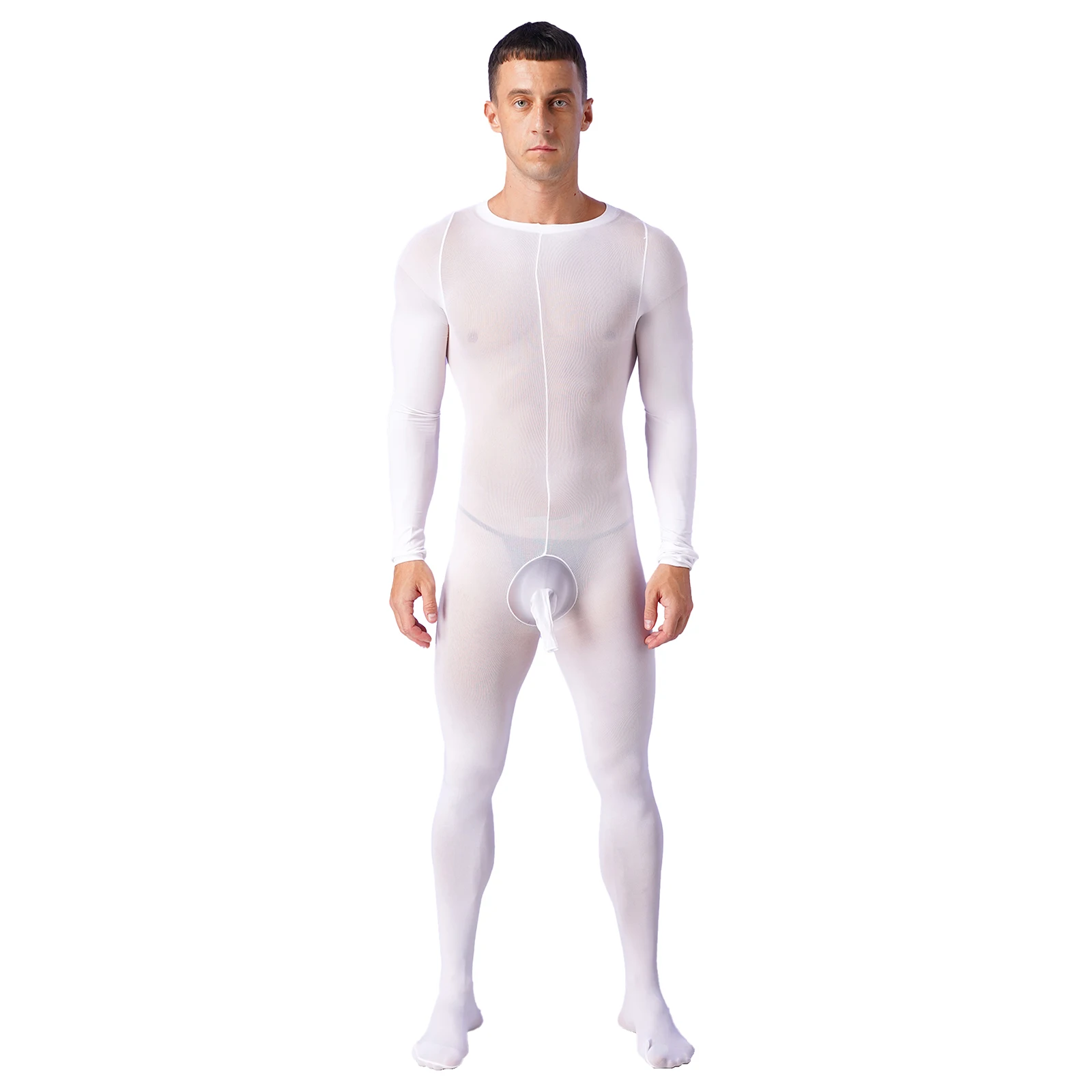 Lingerie Men See Through Bulge Pouch Stretchy Bodystocking Solid Color Round Neck Long Sleeve Bodysuit Underwear Nightwear