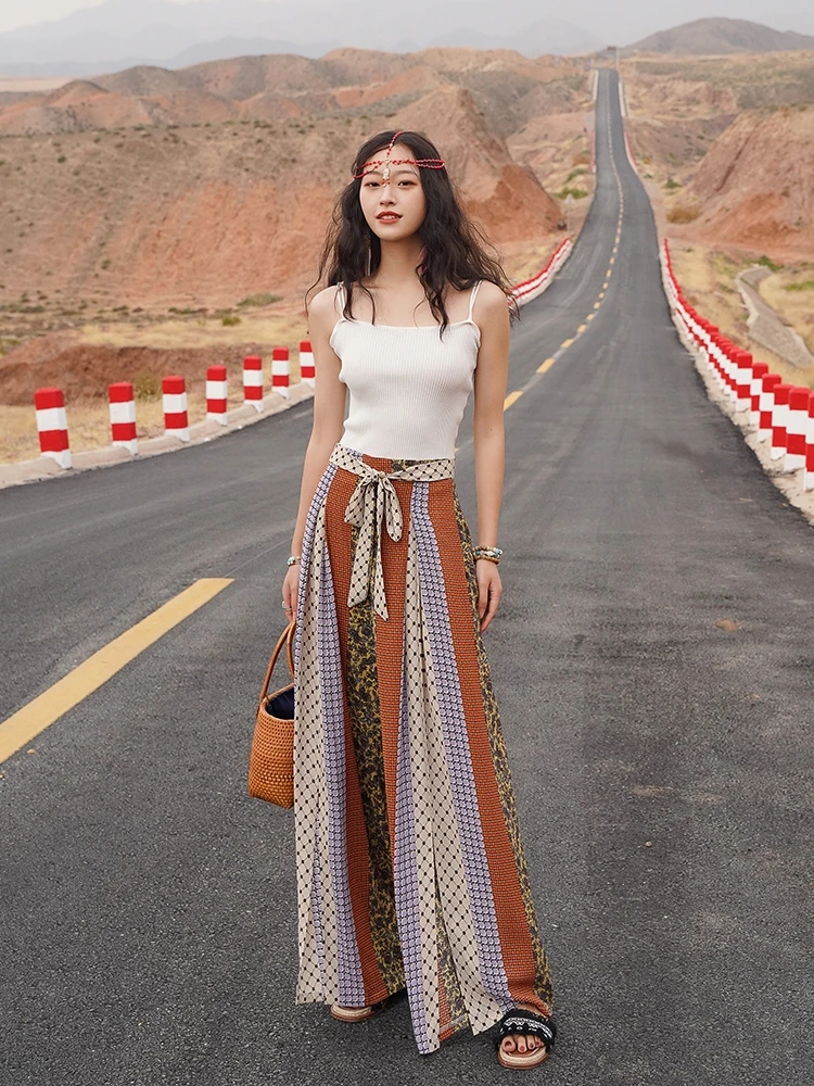 

Летние этнические широкие брюки для женщин, тонкие шифоновые длинные брюки, для путешествий и пляжа, с высокой талией, с поясом, повседневные брюки
