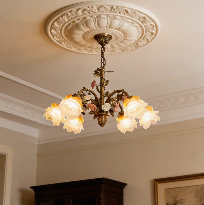 Ceramic Flower Copper Chandelier Deora Candle Style De Villa Entrance Living Bedroom Aisle Restaurant Decorative Pendent Light