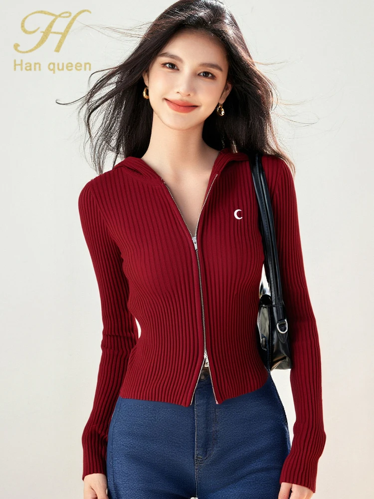 

H Han Queen Autumn Clothes Hooded Cardigan Fashion Zipper Simple Basic Women Vintage Casual Tops Chic Long Sleeve Sweaters New﻿﻿