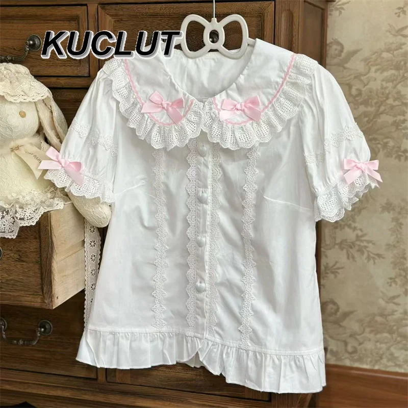 Women's Tops Summer Fashion White Shirt Original 2025 New Bow Doll Collar White Lolita Style Inner Short Sleeve Blouse