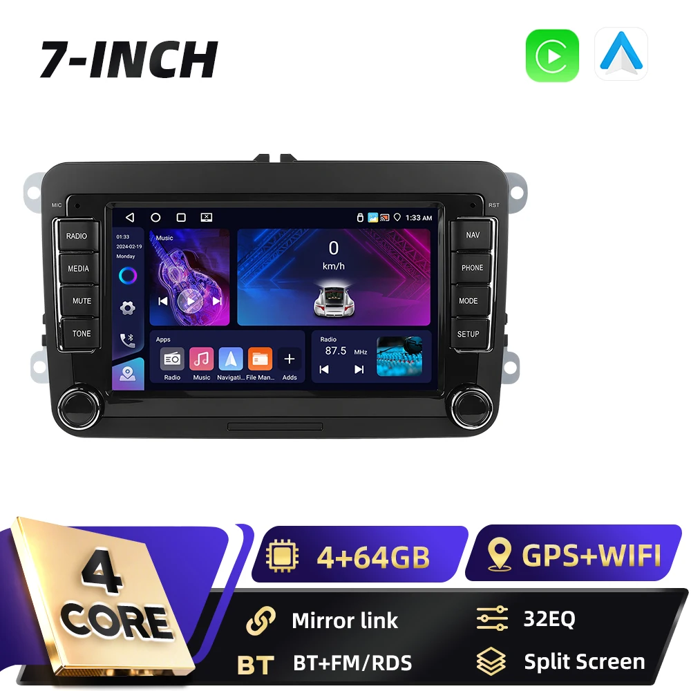 Podofo 7-Zoll Android 2Din Autoradio für VW POLO Seat Altea JATTA PASSAT GOLF mit Carplay, Android Auto, GPS-Navigation, DSP, BT, FM, RDS
