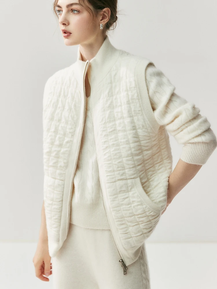 

TLOML Women's 100% Cashmere Sweater Mock Neck Square-grid Zipper Vest Autumn Winter Cotton-padded Jacket Cashmere Knitwear Vest