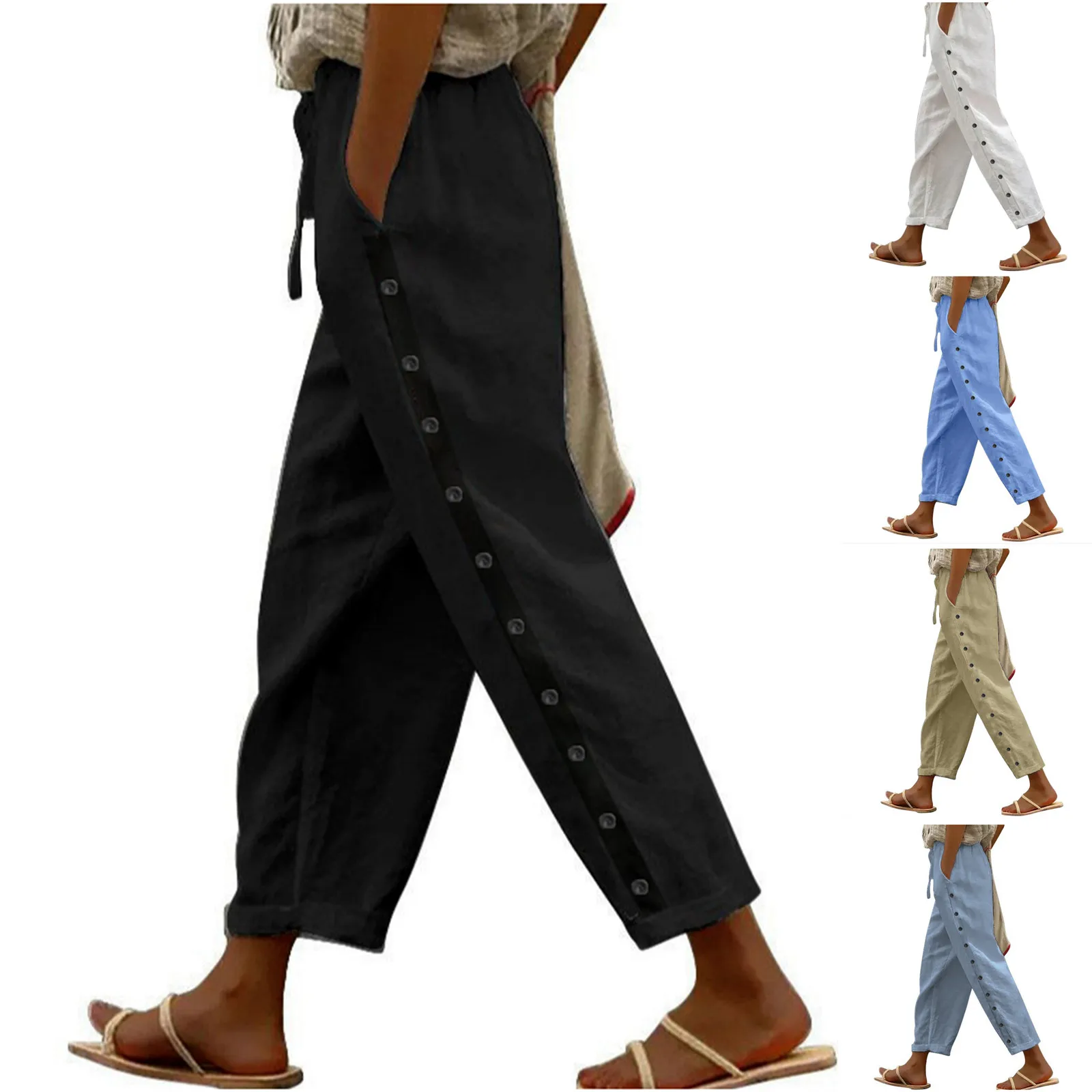 Spring Fall Women's Long Pants Black Pockets Button Elastic Waist Loose Pants Female New Casual Fashion Elegant Ladies Bottom