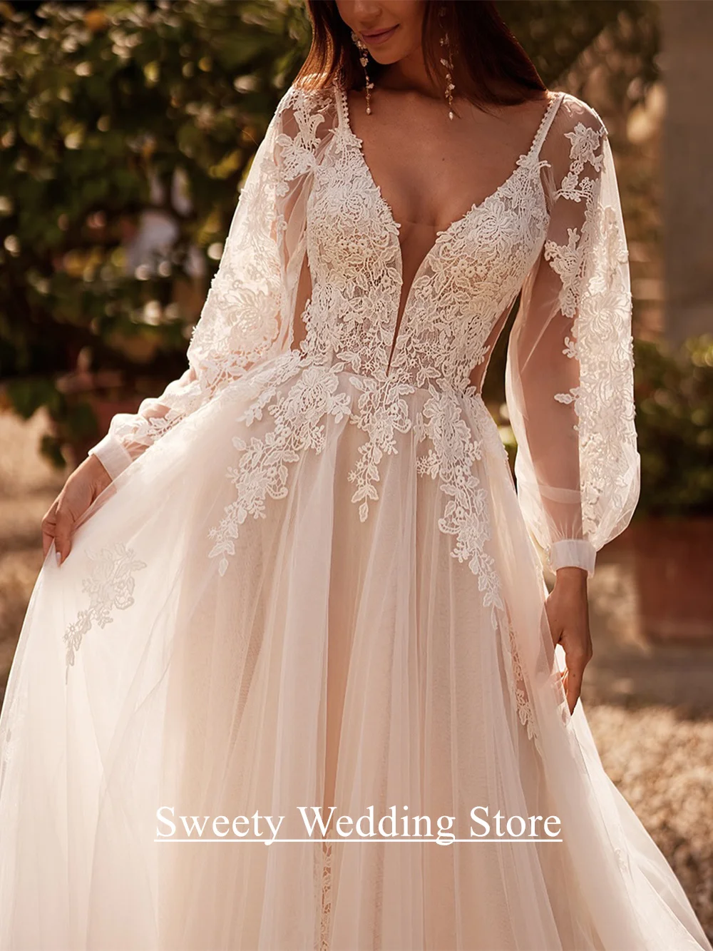 Romantisches Hochzeitskleid für Damen, maßgeschneidert, Puffärmel, V-Ausschnitt, Applikation, offener Rücken, Sweep-Zug, Robe de Mariage, Brautkleid