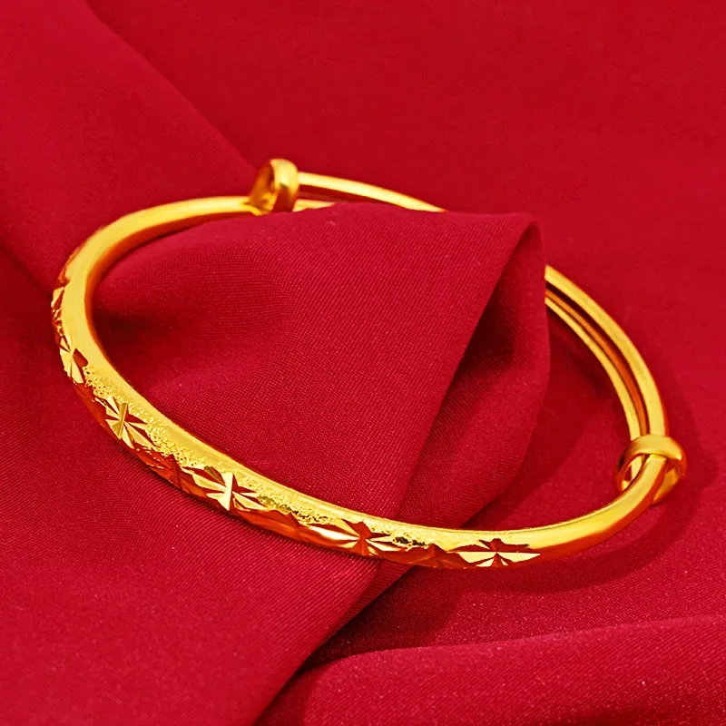 Classic Gold Bracelet Women Adjustable Thickened Wedding Jewelry 100% Reproduction 999 Gold Sky Star Pattern Carved Accessories