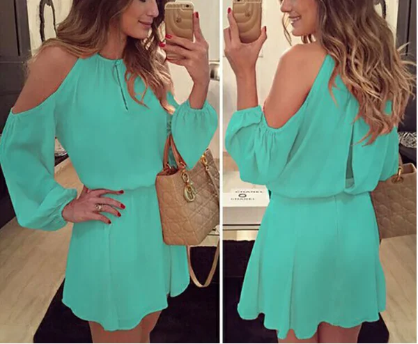 Women's Off Shoulder Solid Color Sexy Dress 2023 Summer Long Sleeves A-Line Dresses