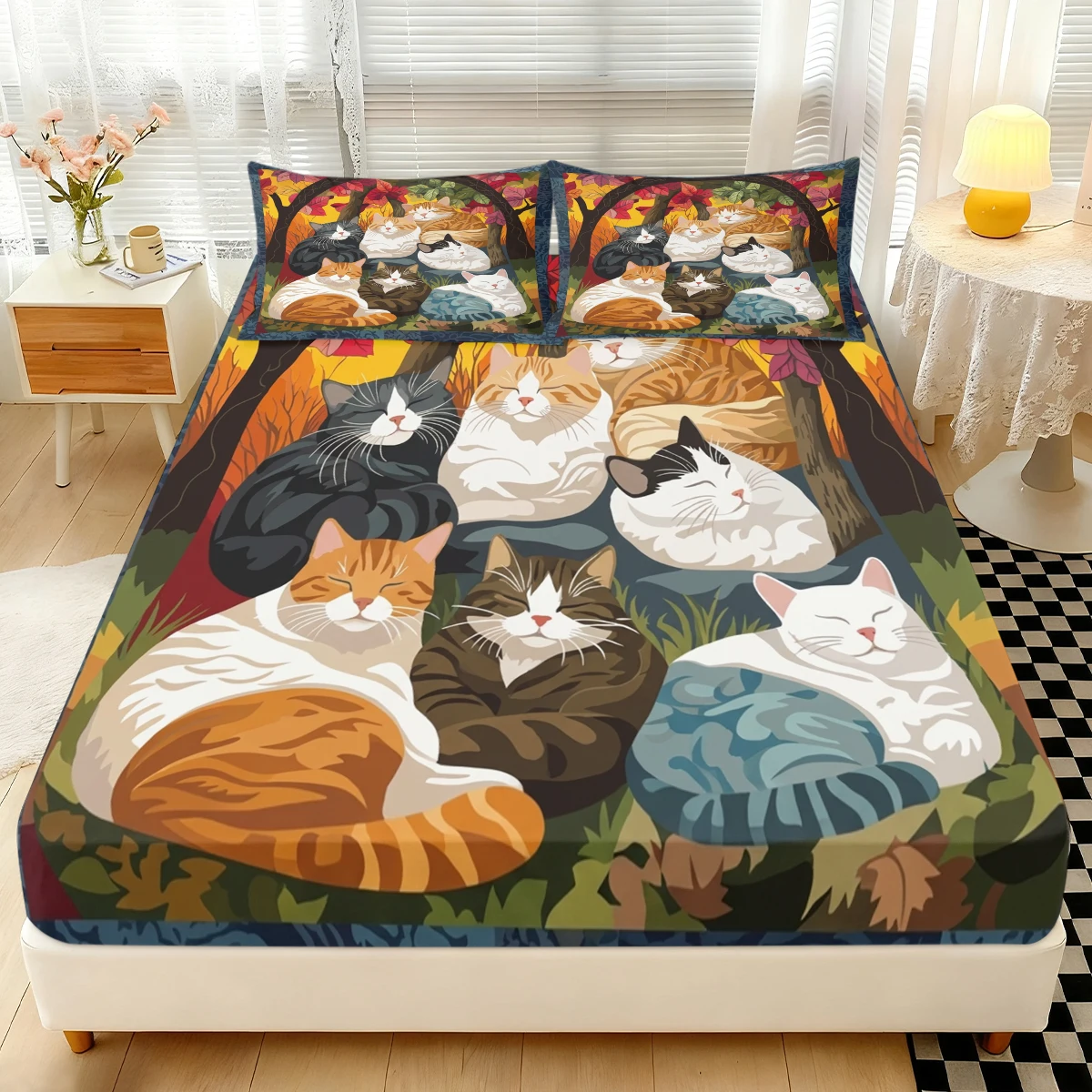 

Rustic Nature Forest Kitten Fitted Sheet 3PCS, Autumn Maple Leaves Multi Color Sleeping Cat Mattress Cover with Pillowcases