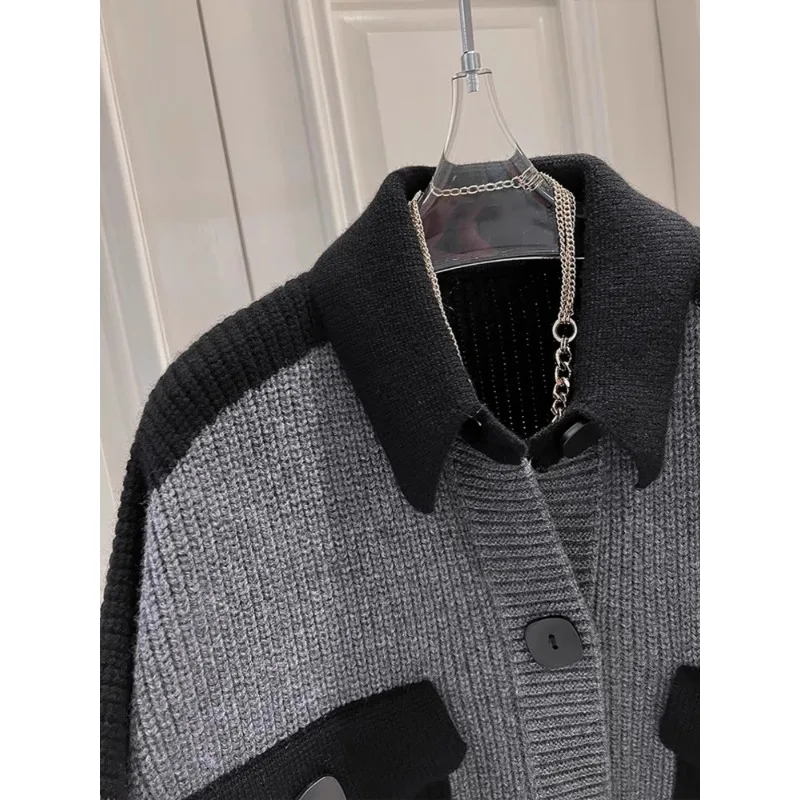 European Heavy Industry Color Blocking Sweater, Niche Design, Medium Length Knitted Cardigan, Women's Spring and Autumn Style