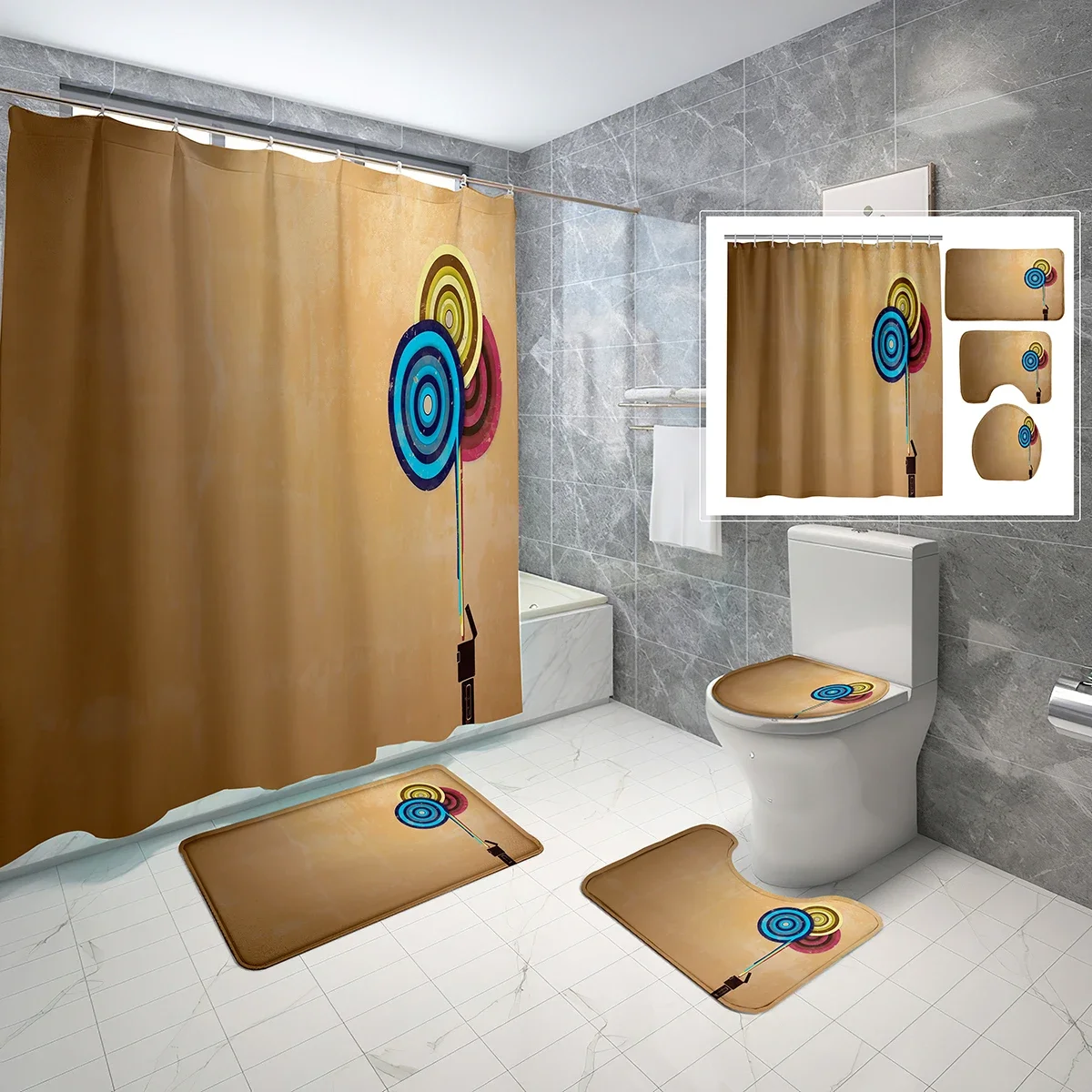 4 Pcs Circles Geometry Shower Curtain Sets Abstract Colorful Graph Non-Slip Bath Mat Waterproof Shower Curtain Toilet Lid Cover