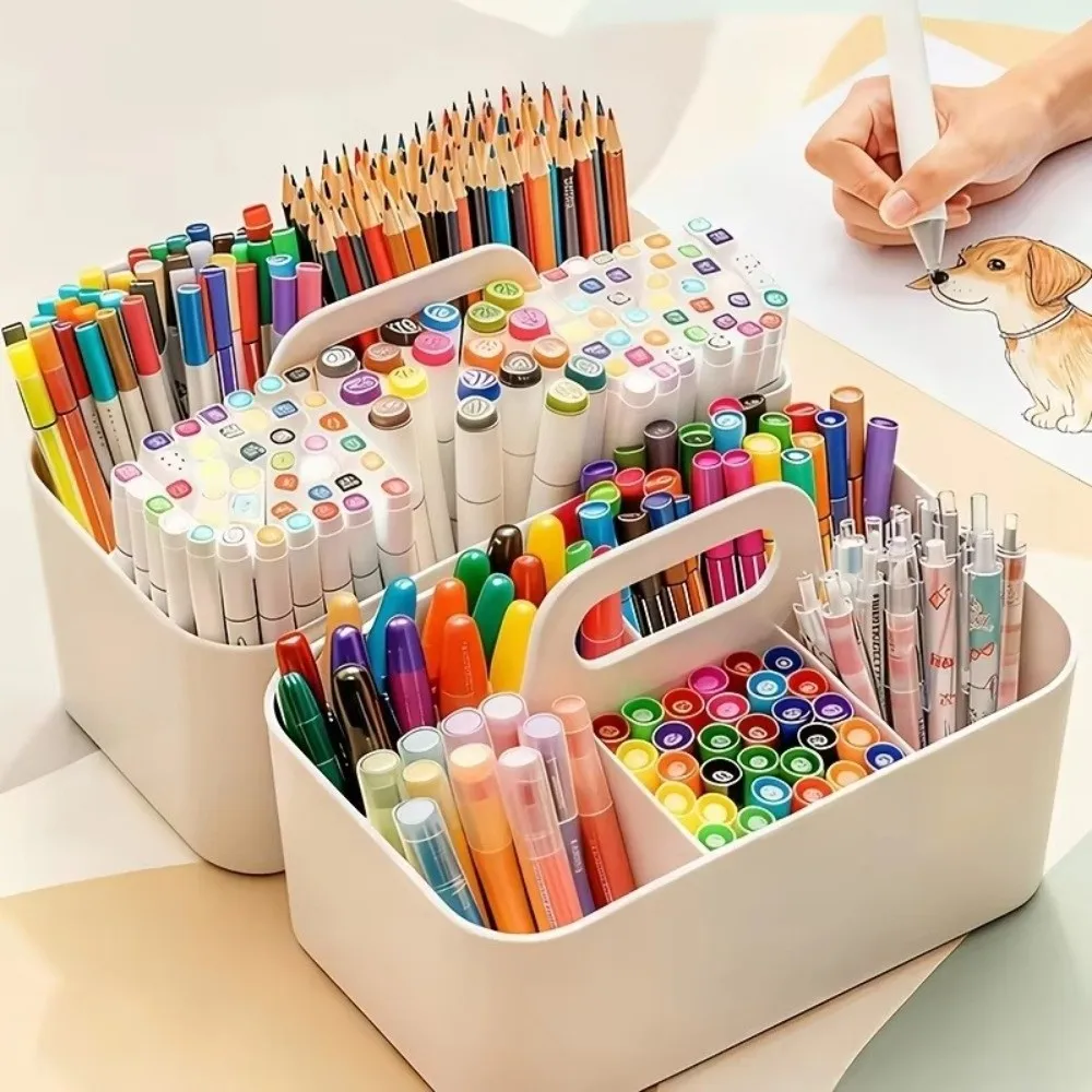 Split Compartments Pen Organizer with Handle Waterproof Cosmetic Organizer Modern Minimalist Portable Marker Pen Storage Box