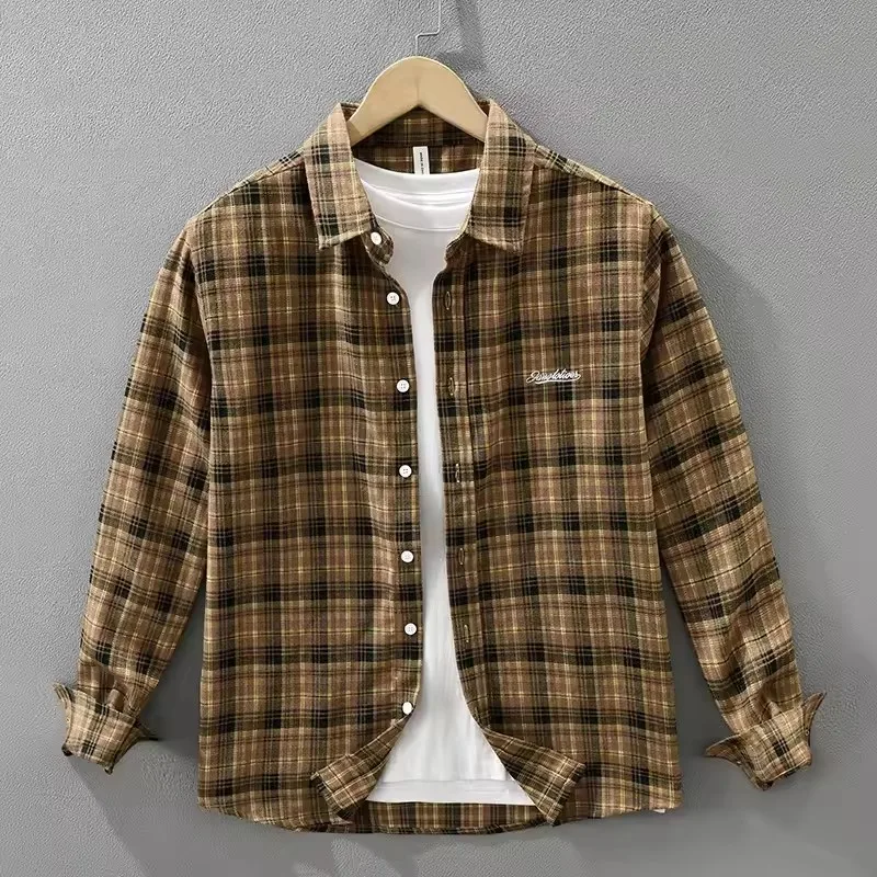 

2025 Autumn New Vintage Letter Embroidered Soft Long Sleeve Shirt for Men Clothing Plaid Big Pocket Versatile Streetwear