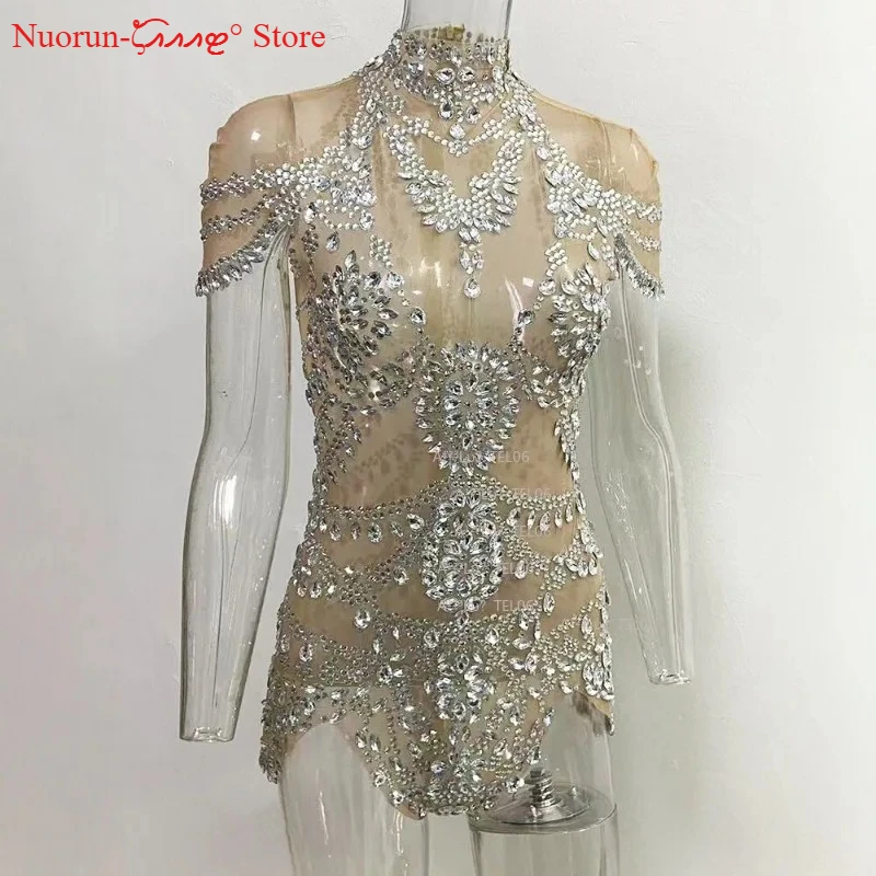 Rhinestone Bodysuit Sexy Mesh Long Sleeve Stage Performance Clubwear Jumpsuit
