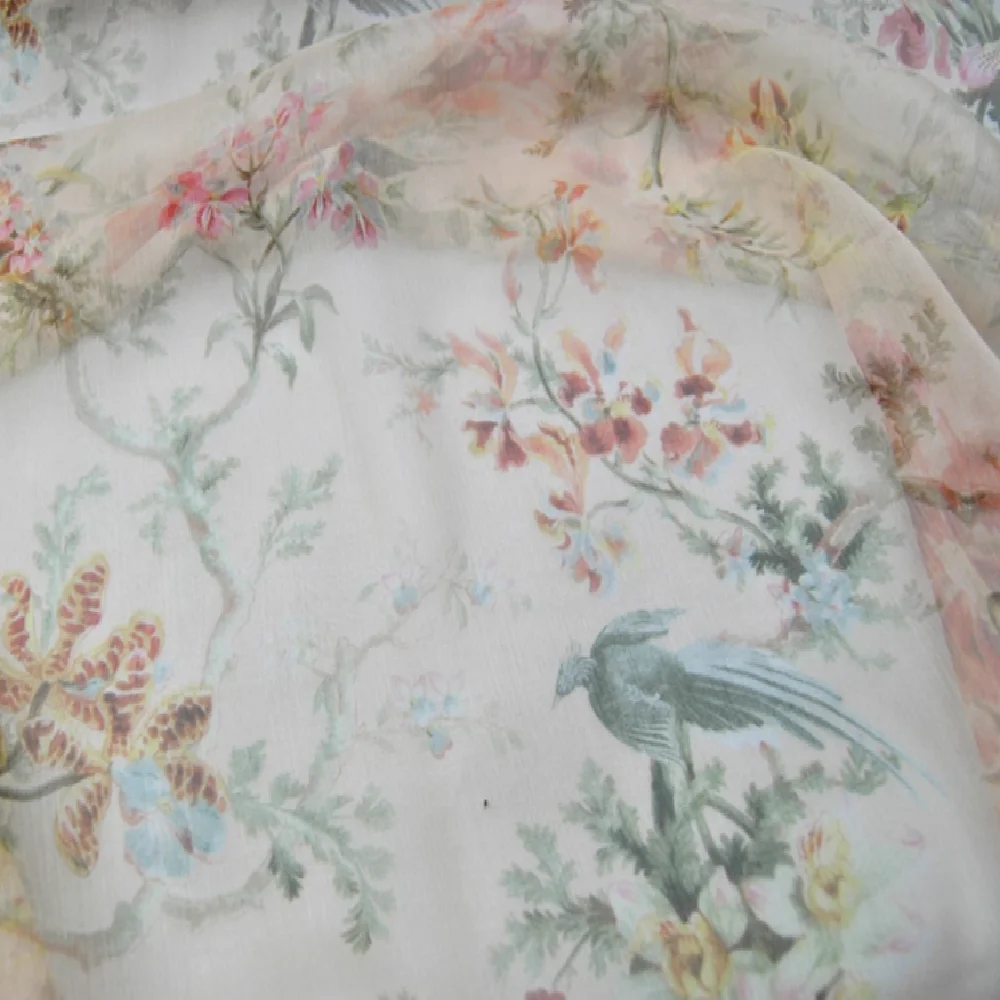 Newest Floral Bird Nice Printed 100% Pure Silk Crinkle Chiffon Georgette Fabric for Lady Summer Elegant Dress Kimono view 2