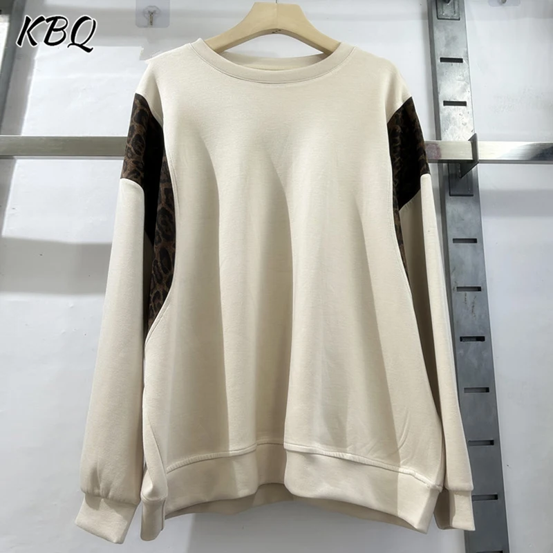 KBQ Colorblock Leopard Printting Sweatshirts For Women O Neck Long Sleeve Minimalist Loose Pullover Sweatshirt Female Autumn New