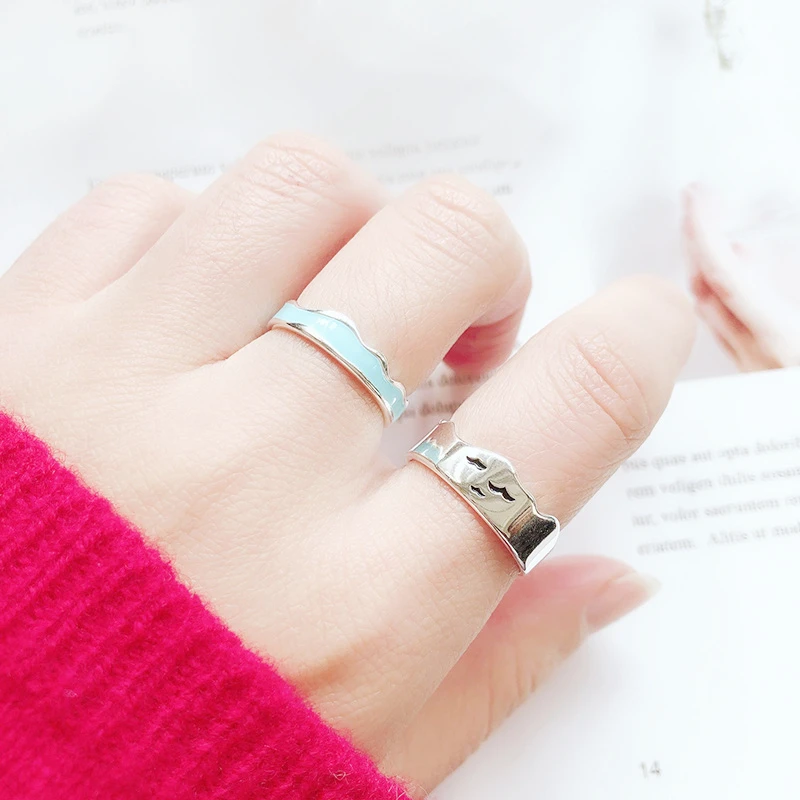 Sole Memory Ends Earth Seagull Enamel Craft Sky Blue Wave 925 Sterling Silver Fine Female Resizable Opening Ring For Women RI576