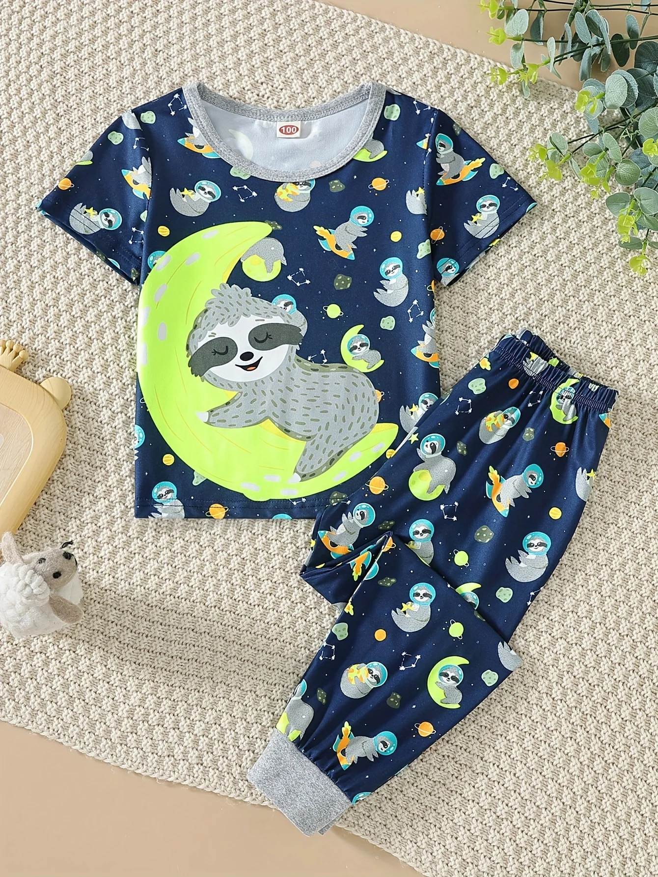 2 Children Boys Summer Neutral Glow Lovely Sloth Moon Print + Glow-in-the-dark Sloth Full Print Trousers Home Clothing Set