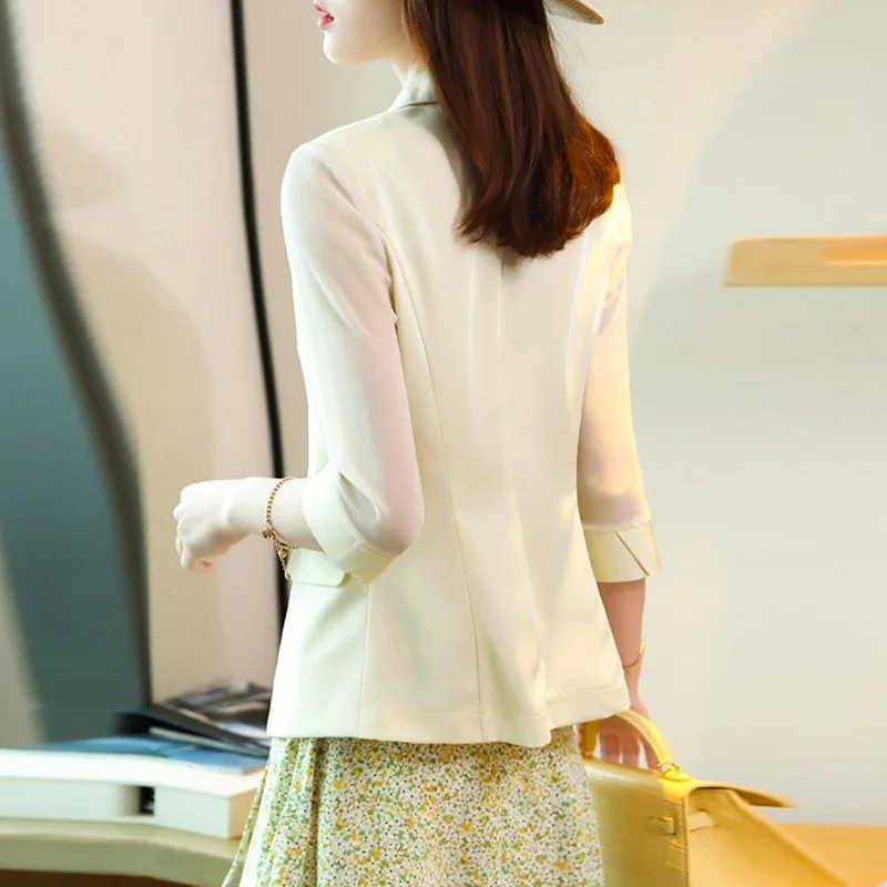 2024 New Summer Commuting Simple and Fashionable Style Flip Collar Solid Color Mesh Panel Three Quarter Suit Coat for Women