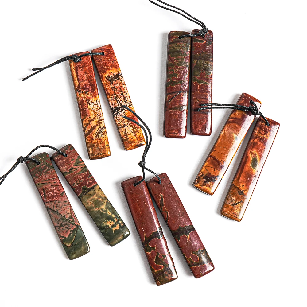 Wholesale Natural Long Strip Shaped Gemstone Pendant for Necklace Making Red &Black 2Pcs Red Creek Jasper