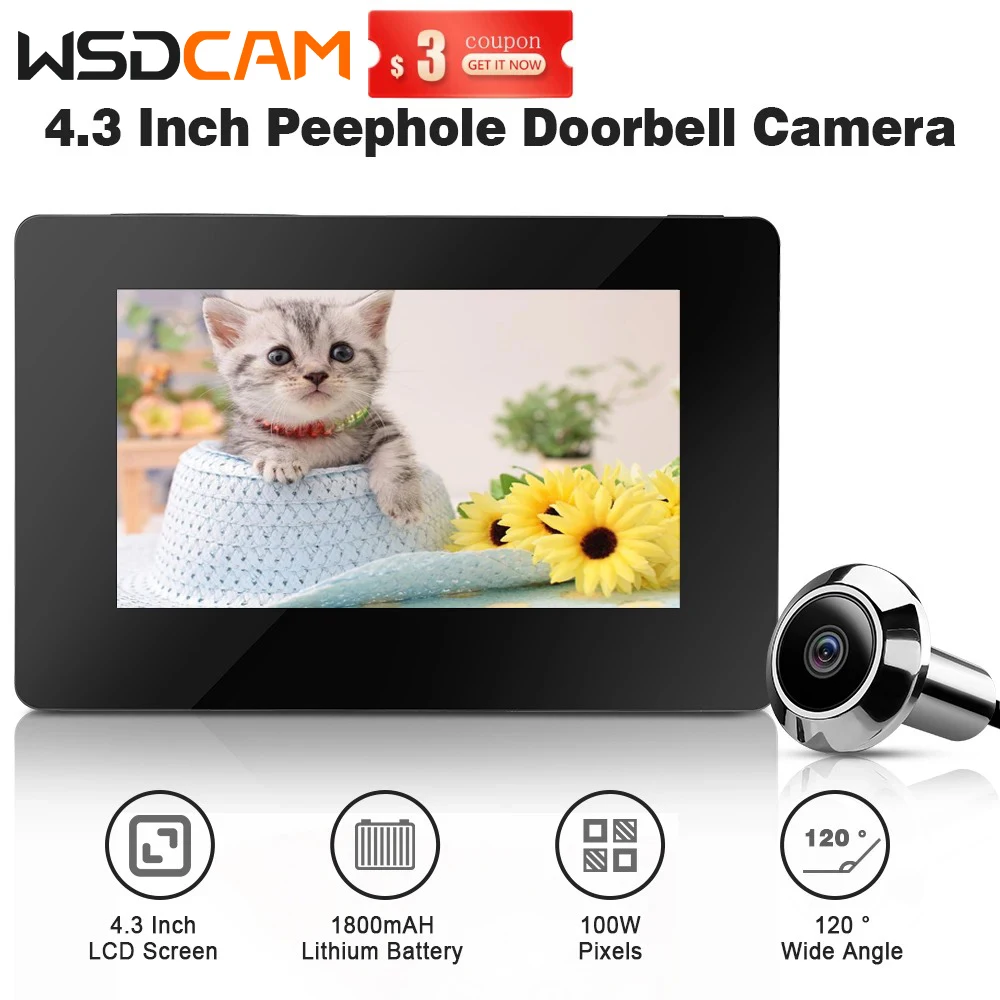 WSDCAM 4.3 inch 720p Door Peephole Viewer 120° Wide Angle Doorbell Camera 100W Pixels Door Eye Home Security Camera Monitor