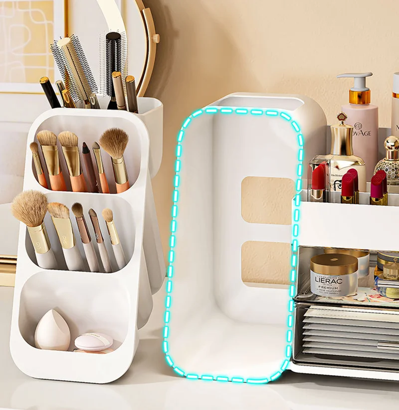 Make-up-Organizer mit großem Fassungsvermögen für den Schreibtisch – Kosmetik-Aufbewahrungsbox mit Fächern für Pinsel, Lippenstift, Lidschatten und Puffs