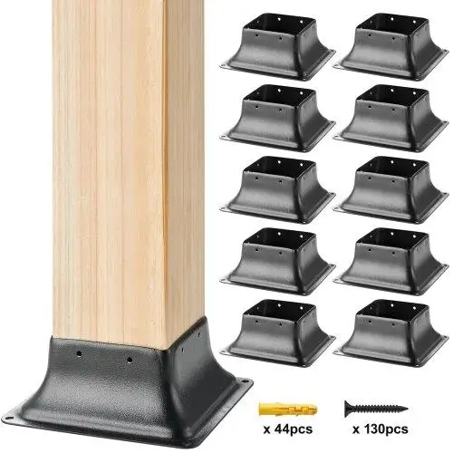 10Pcs Heavy Duty Powder-Coated Steel Post Base Bracket 101.6x101.6mm for 91x91mm Wood Posts - Decking & Porch Support