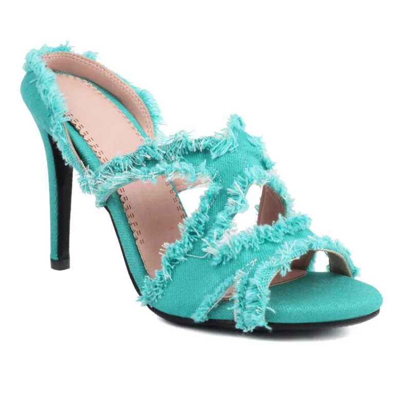 

Женские джинсовые шлепанцы, открытый носок, высокий каблук 9 см/7 см, с металлической пряжкой, уличные сандалии с кисточками и тонким каблуком, 33-46