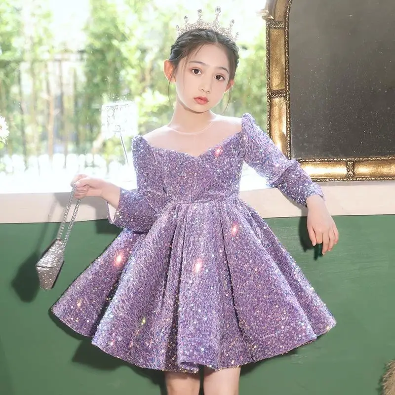 Children\'s Light Luxury Evening Fluffy Princess Ball Gown Girls Fashion Sequins Design Birthday Party Dress y1280