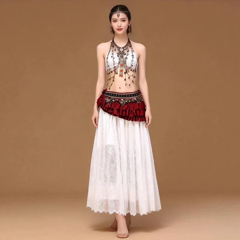 

Женский пояс для восточных танцев с медными монетами, винтажный атласный пояс в этническом стиле, удлиненный, роскошный, для арабских костюмов и фотосессий