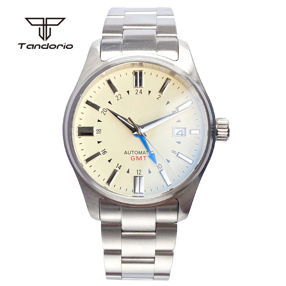 Tandorio GMT NH34 Pilot 39mm Steel/Titanium Automatic Dive Watch Sapphire Crystal Date Luminous Men Mechanical Wristwatch 20BAR