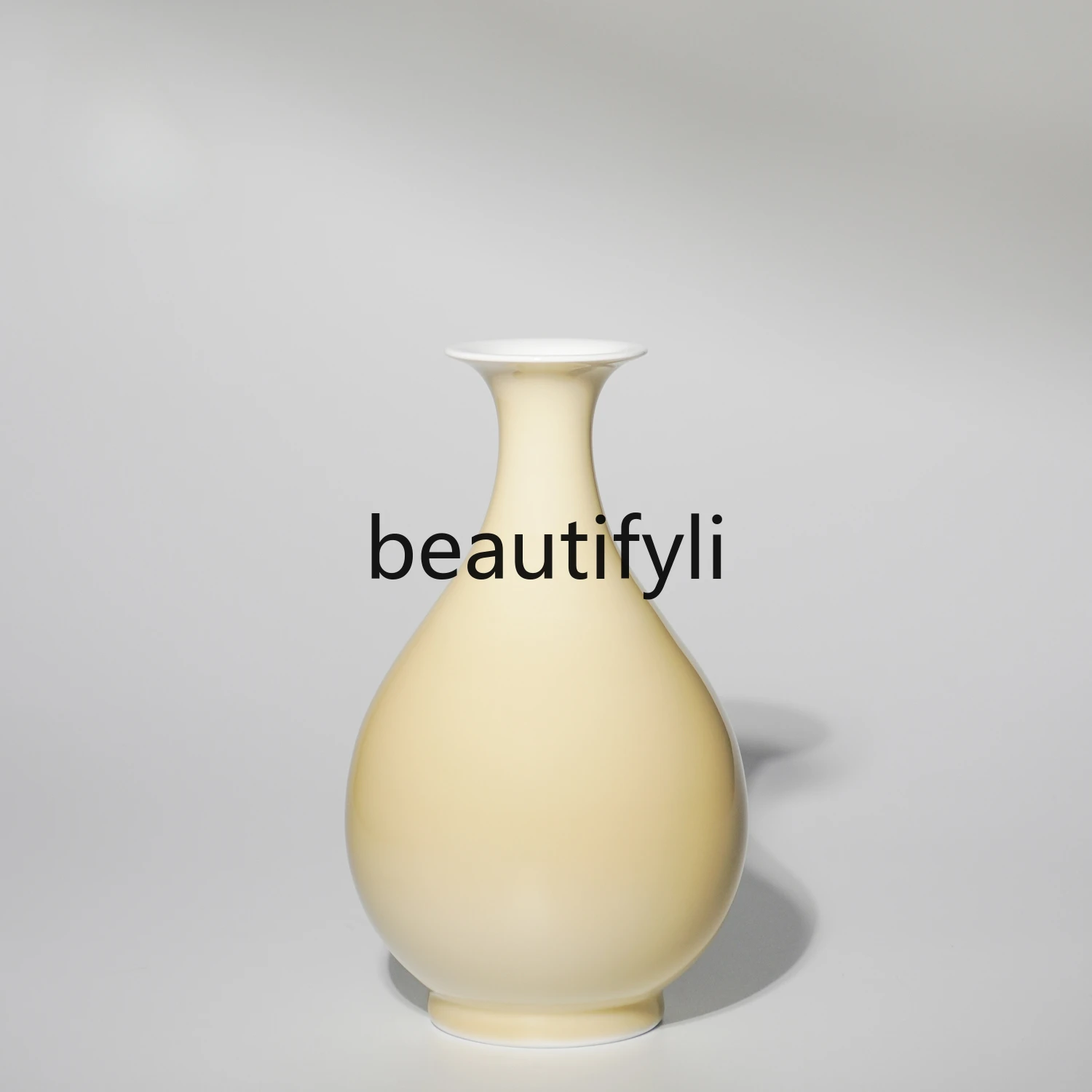 Handmade vase Chinese flower arrangement study case head bottle raw ore glaze, goose yellow jade pot spring vase height 22cm