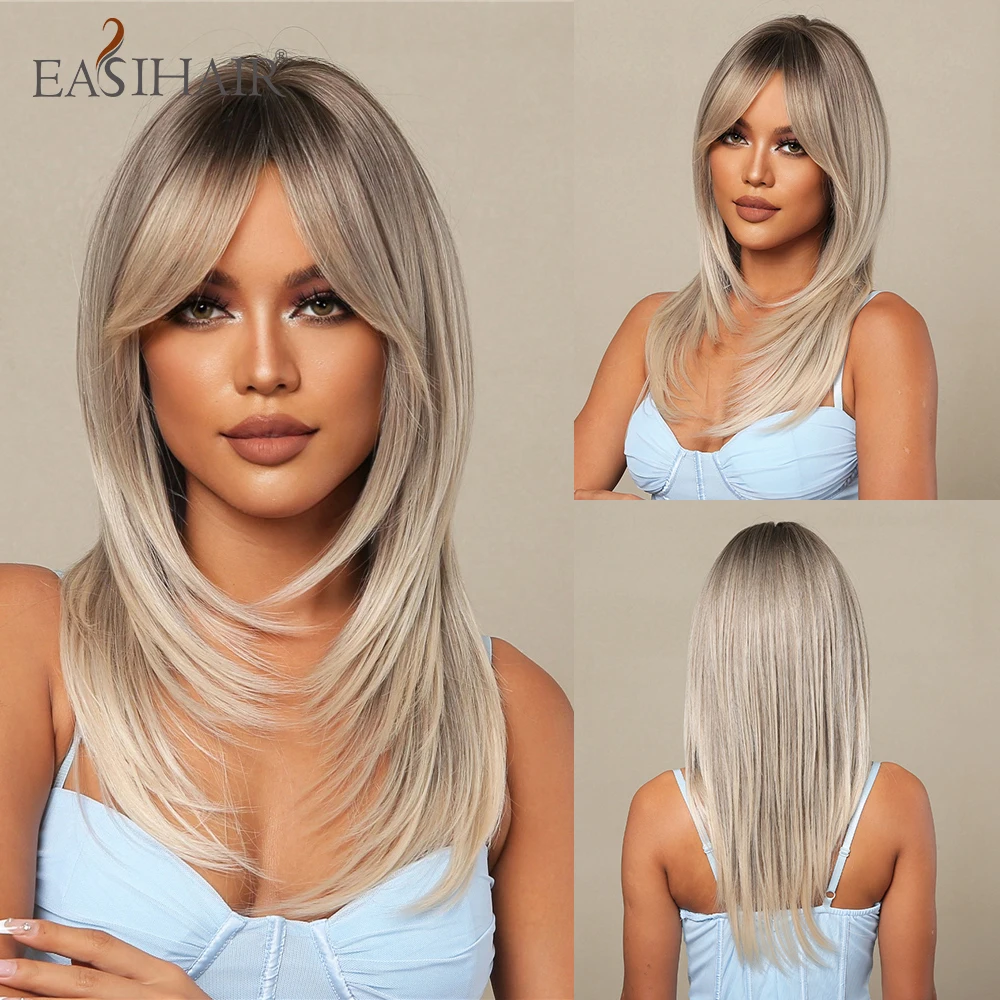 

EASIHAIR Brown to Blonde Synthetic Wigs Long Straight Layered Natural Hair Wig with Bangs for Women Cosplay Wigs Heat Resistant